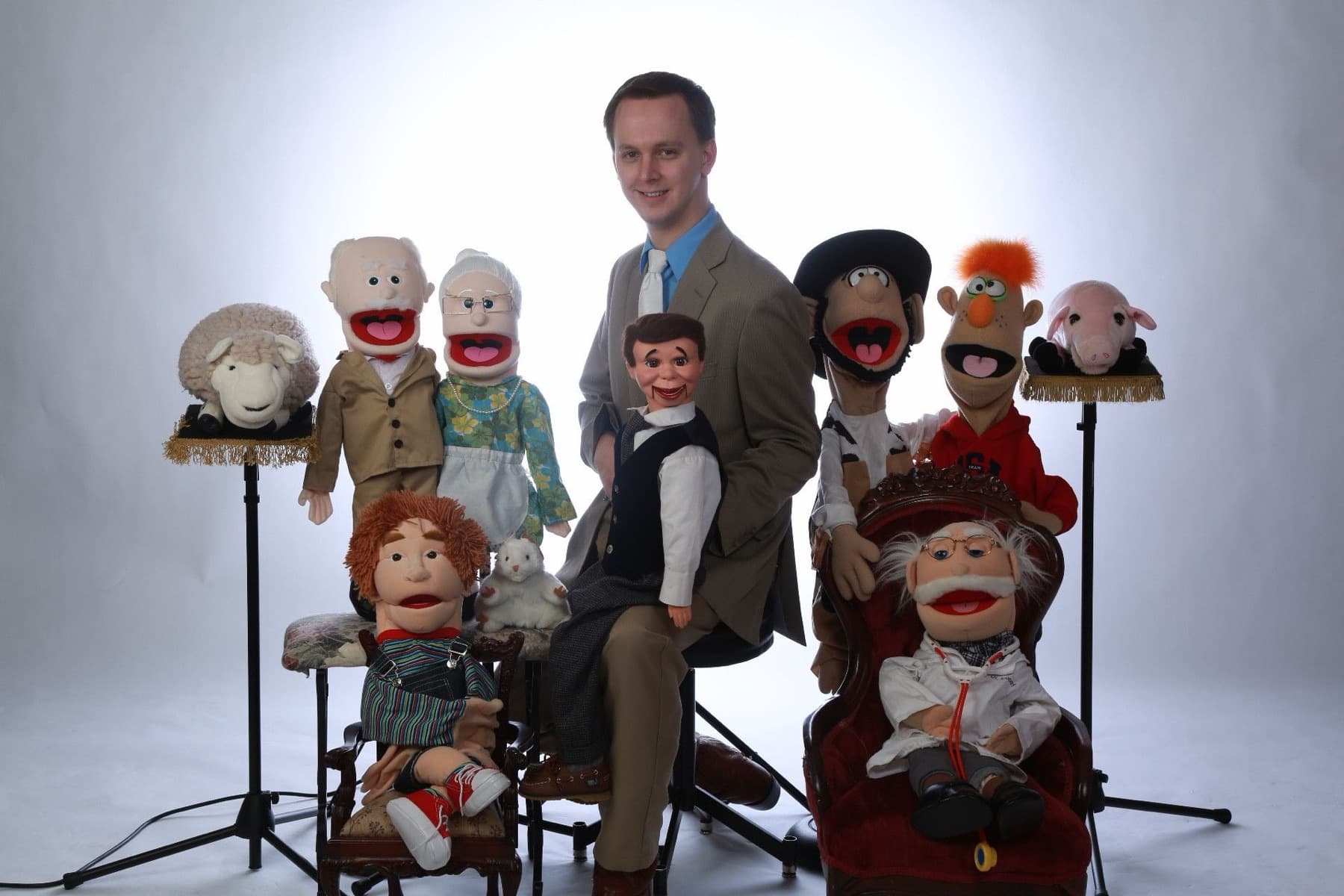 Stephen Forester with his cast of ventriloquist puppets